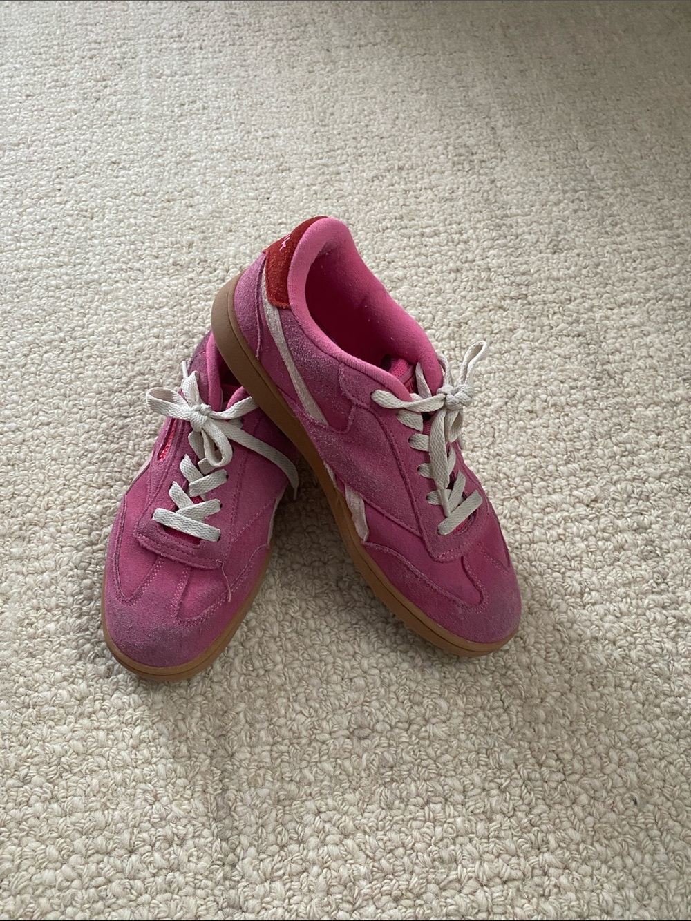 {Reebok} “Ortholite” Pink Suede Lace-Up Sneakers